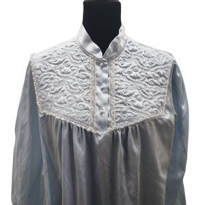 Vtg Character Womens Nightgown L/XL Blue Lace Trim Satin Button Embroidered